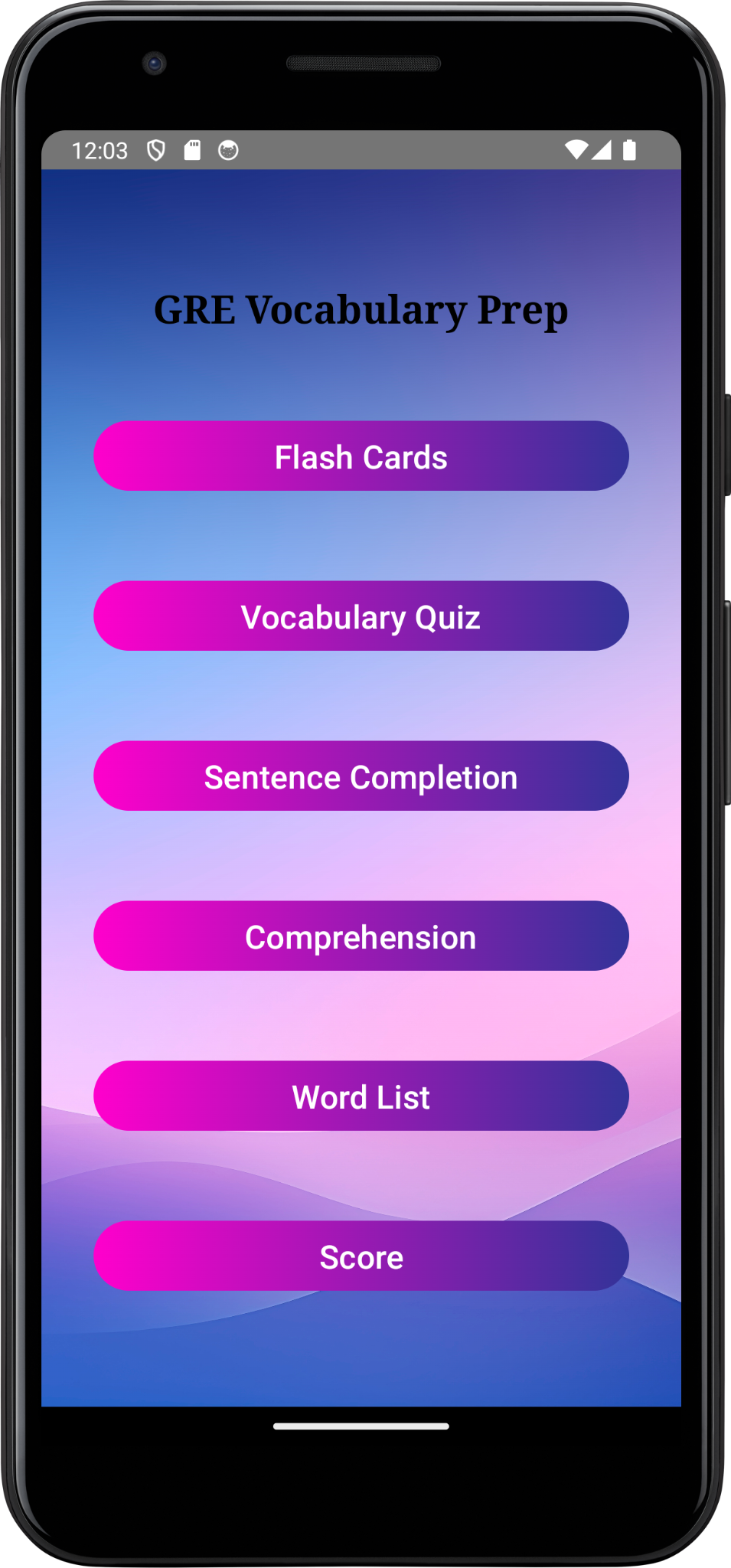 GREVocab app home screen